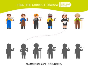 Educational  game for children. Find the right shadow. Kids activity with professions.