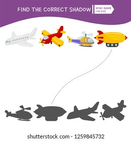 Educational  game for children. Find the right shadow. Kids activity with cartoon air transport.