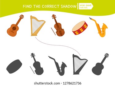 Educational  game for children. Find the right shadow. Kids activity with cartoon musical instruments.