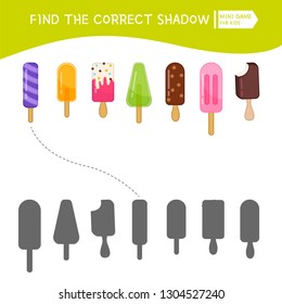 Educational  game for children. Find the right shadow. Kids activity with cute ice-creams.