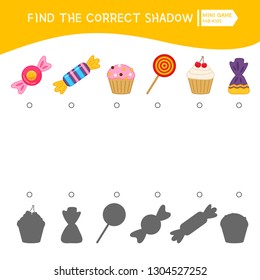 Educational  game for children. Find the right shadow. Kids activity with cute candies.