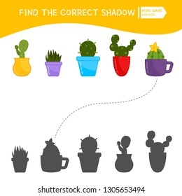 Educational  game for children. Find the right shadow. Kids activity with cartoon cactuses.