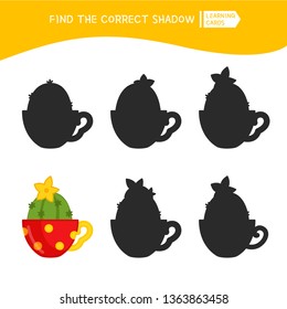 Educational  game for children. Find the right shadow. Kids activity with cute cactus.