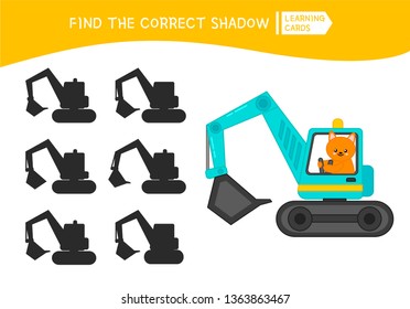Educational  game for children. Find the right shadow. Kids activity with fox in excavator.
