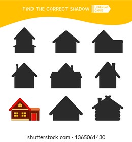 Educational  game for children. Find the right shadow. Kids activity with cartoon house.