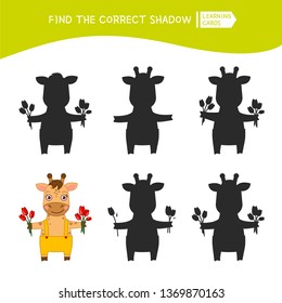 Educational  game for children. Find the right shadow. Kids activity with cute cartoon giraffe.