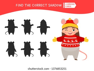 Educational  game for children. Find the right shadow. Kids activity with cute girl in mouse costume.