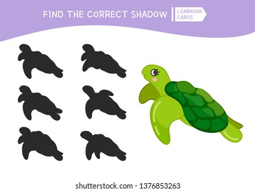 Educational  game for children. Find the right shadow. Kids activity with cute turtle.