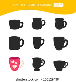 Educational  game for children. Find the right shadow. Kids activity with cartoon cup.