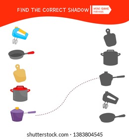 Educational  game for children. Find the right shadow. Kids activity with cartoon dishes.