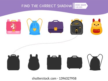 Educational  game for children. Find the right shadow. Kids activity with cartoon backpacks.