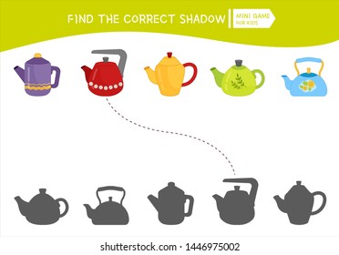 Educational  game for children. Find the right shadow. Kids activity with cartoon kettles.