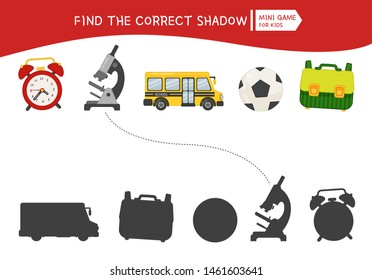 Educational  game for children. Find the right shadow. Kids activity with cartoon school icons.