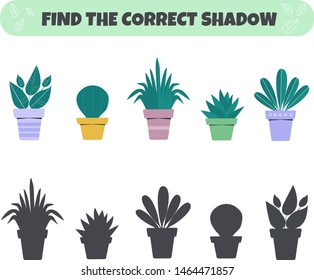 Educational game for children. Find the right shadow.  Potted plant