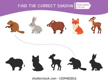 Educational  game for children. Find the right shadow. Kids activity with cute cartoon forest animals.