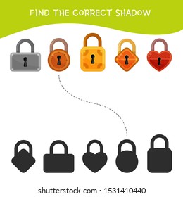 Educational  game for children. Find the right shadow. Kids activity with cartoon locks.