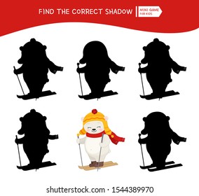 Educational  game for children. Find the right shadow. Kids activity with cute bear.