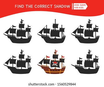 Educational  game for children. Find the right shadow. Kids activity with pirate ship.