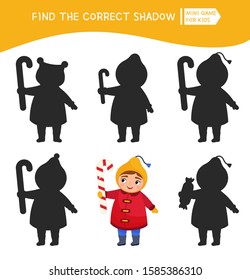 Educational  game for children. Find the right shadow. Kids activity with cute child.