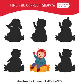 Educational  game for children. Find the right shadow. Kids activity with cute child.