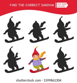 Educational  game for children. Find the right shadow. Kids activity with cute winter child.