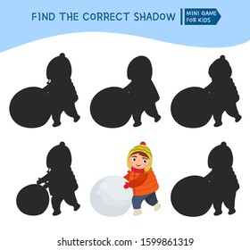 Educational  game for children. Find the right shadow. Kids activity with cute winter child.