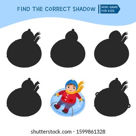 Educational  game for children. Find the right shadow. Kids activity with cute winter child.