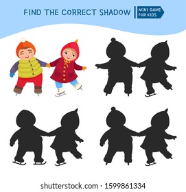 Educational  game for children. Find the right shadow. Kids activity with cute winter child.