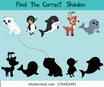 Educational game for children. Find the right shadow. Kids activity with arctic animals.