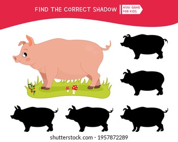 Educational  game for children. Find the right shadow. Kids activity with cute cartoon pig. Farm animals collection.