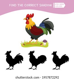 Educational  game for children. Find the right shadow. Kids activity with cute cartoon cock. Farm animals collection.