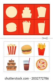 Juego educativo para niños. Encuentra la sombra correcta. Cuta caricatura de comida rápida.