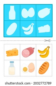 Juego educativo para niños. Encuentra la sombra correcta. Cuta caricatura de comida saludable.