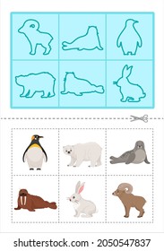 Educational  game for children. Find the right shadow. Cute cartoon  arctic animals. Contour lotto for toddlers.

