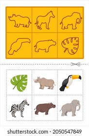 Educational  game for children. Find the right shadow. Cute cartoon  african animals. Contour lotto for toddlers.
