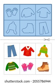 Juego educativo para niños. Encuentra la sombra correcta. Ropa de dibujos animados. Loto de contorno para niños pequeños.
