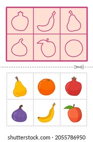 Educational  game for children. Find the right shadow. Cute cartoon  fruits. Contour lotto for toddlers.
