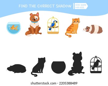 Educational  game for children. Find the right shadow. Kids activity with pets.