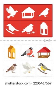 Educational  game for children. Find the right shadow. Kids activity with cartoon birds.