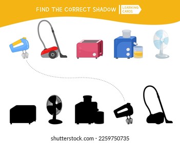 Educational  game for children. Find the right shadow. Kids activity with cartoon cute Appliances.