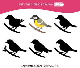 Educational  game for children. Find the right shadow. Kids activity with cartoon cute tit.