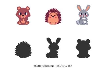 Educational game for children. Find the right shadow. Kids activity with cute cartoon forest animals. Flat cartoon vector illustration isolate on white.