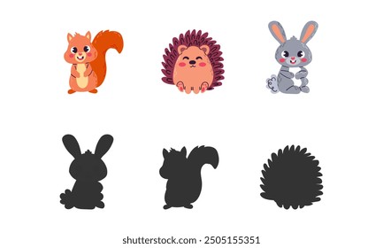 Educational game for children. Find the right shadow. Kids activity with cute cartoon forest animals. Flat cartoon vector illustration isolate on white.