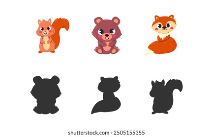 Educational game for children. Find the right shadow. Kids activity with cute cartoon forest animals. Flat cartoon vector illustration isolate on white.