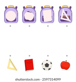 Educational  game for children. Find the right shadow. Kids activity with school backpack.