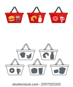 Educational  game for children. Find the right shadow. Kids activity with products in a shopping basket.