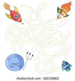 Educational game for children find the right way to planet labyrinth vector illustration
