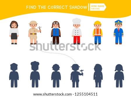Educational  game for children. Find the right shadow. Kids activity with professions.