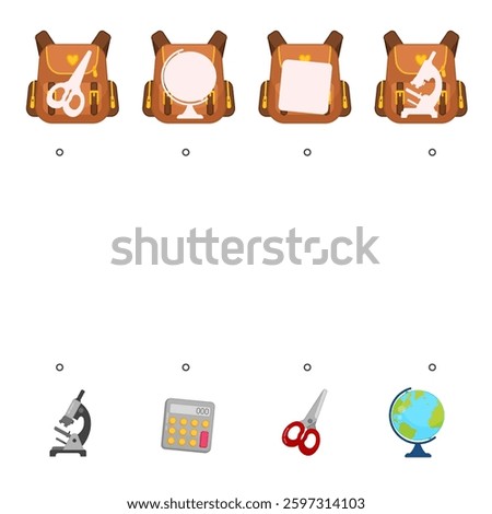 Educational  game for children. Find the right shadow. Kids activity with school backpack.