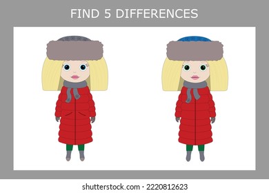 Educational game for children. Find in the row all the differences in girls that are different from others, and circle them